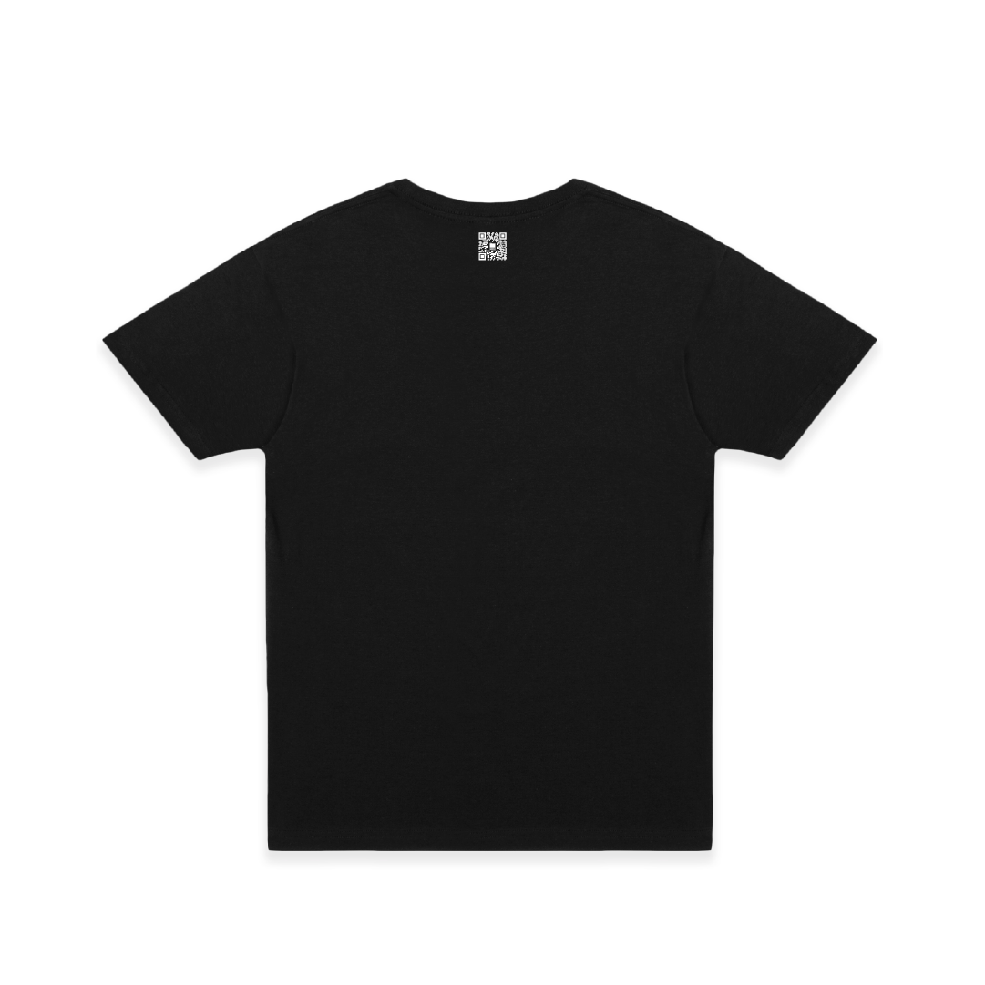 Rear View of a Black T-shirt with a small white zdropped QR Code on a white background