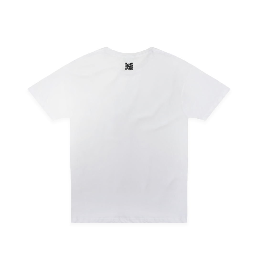 Rear view of a white t-shirt with a small black zdropped QR code on a white background