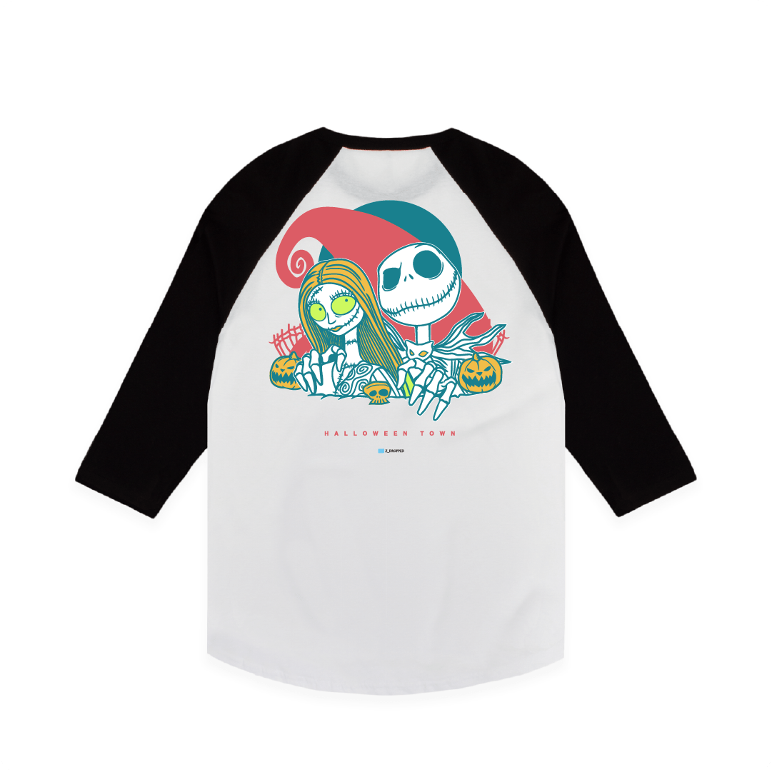 Rear view of a baseball shirt with cartoon skeleton design on a white background