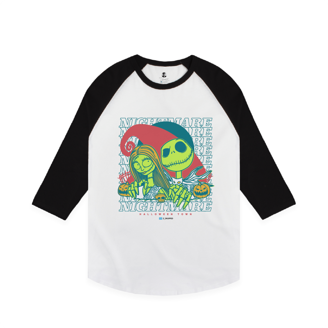 Front view of a baseball shirt with cartoon skeletons and 'Nightmare' design on a white background