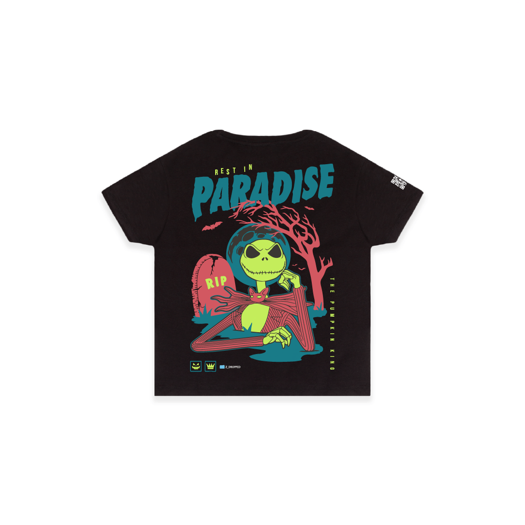 Rear view of a black high waisted womens shirt with a cartoon skeleton character and 'Rest in Paradise' text on a white background