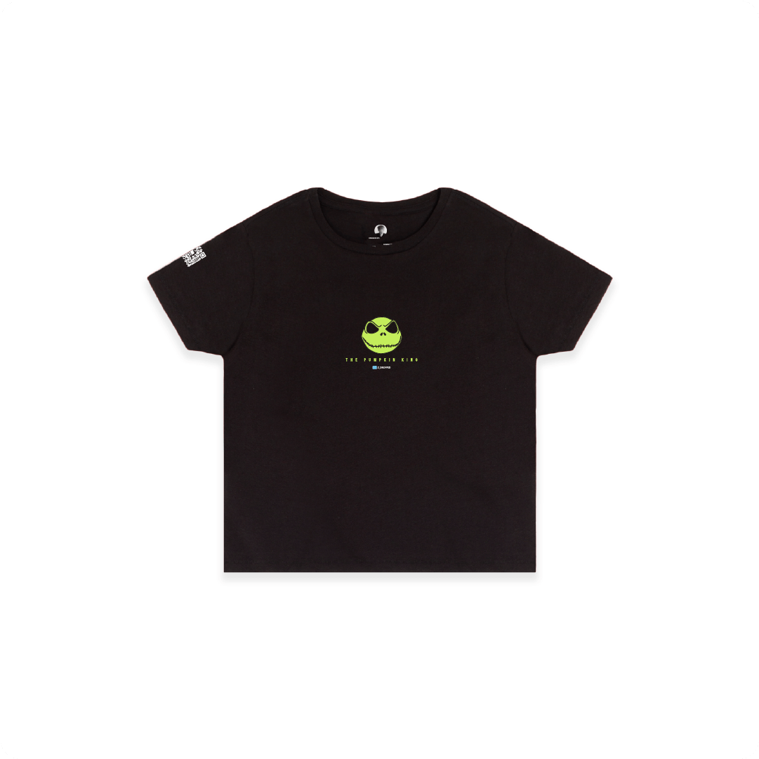 Black t-shirt with a green skeleton head graphic and text on a white background