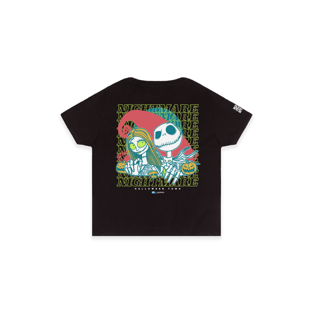 Rear view of a womens high waisted black shirt with a colorful neon skeleton cartoon couple and 'Nightmare' text on a white background