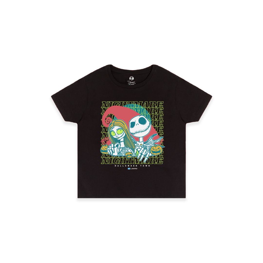 Front view of a womens high waisted black shirt with a colorful neon skeleton cartoon couple and 'Nightmare' text on a white background