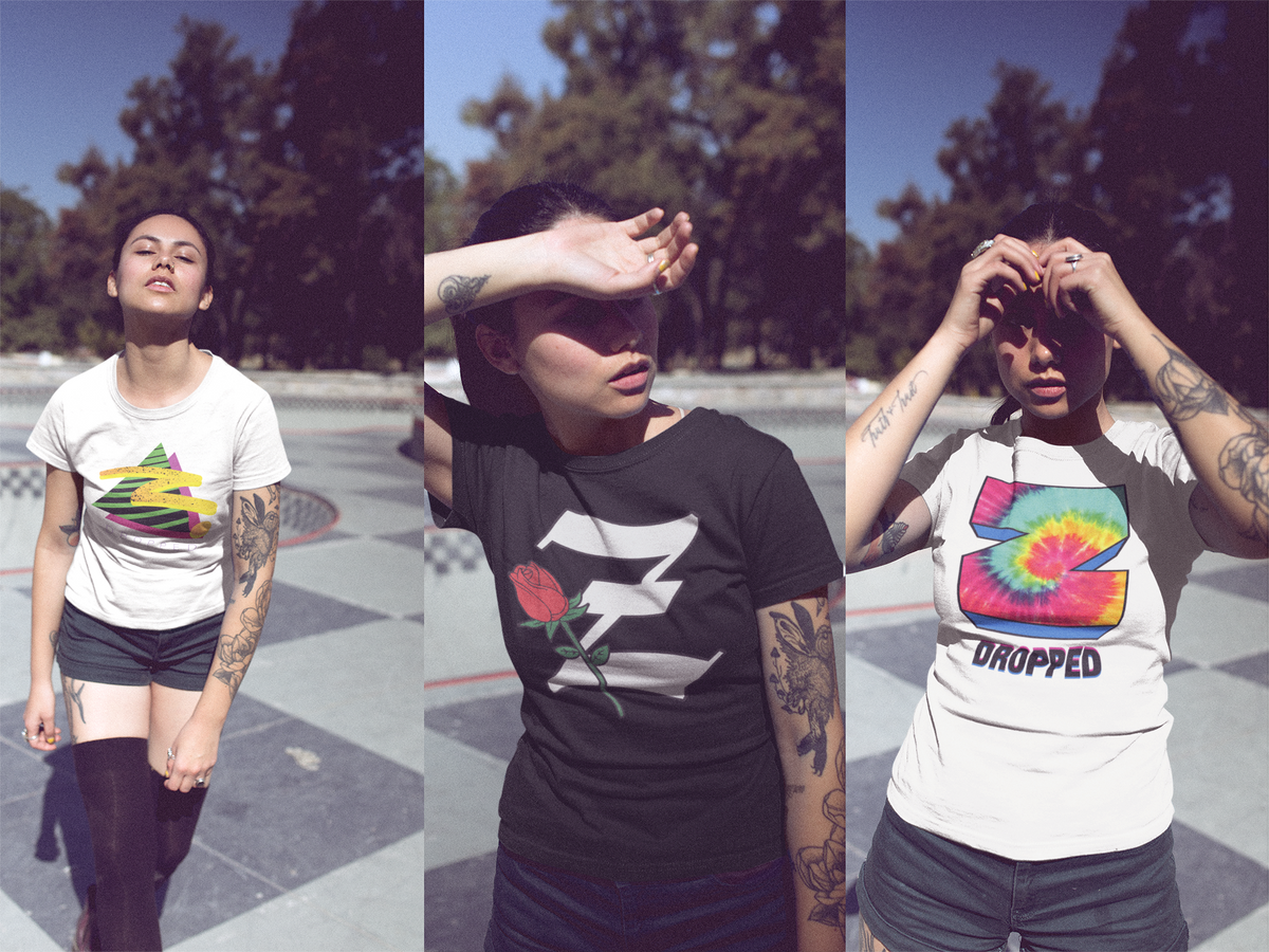 multishot of a girl wearing zdropped merchandise t-shirt outdoors