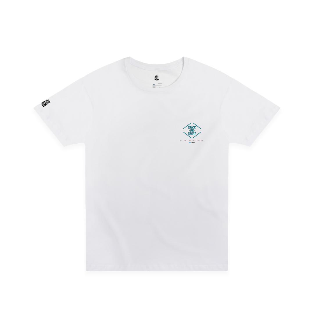 White t-shirt with a small logo on the chest against a white background