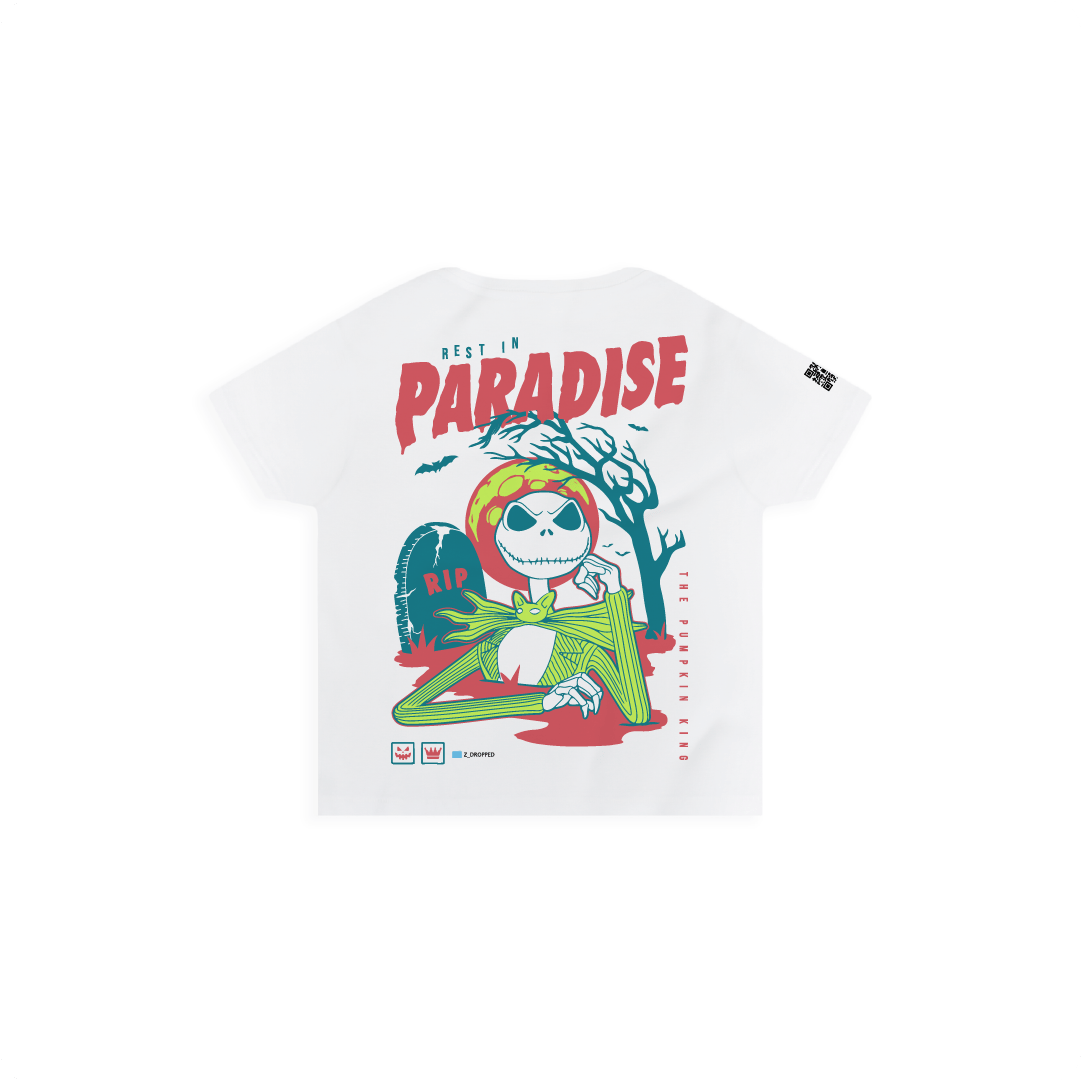 Rear view of a white high waisted womens shirt with a cartoon skeleton character and 'Rest in Paradise' text on a white background