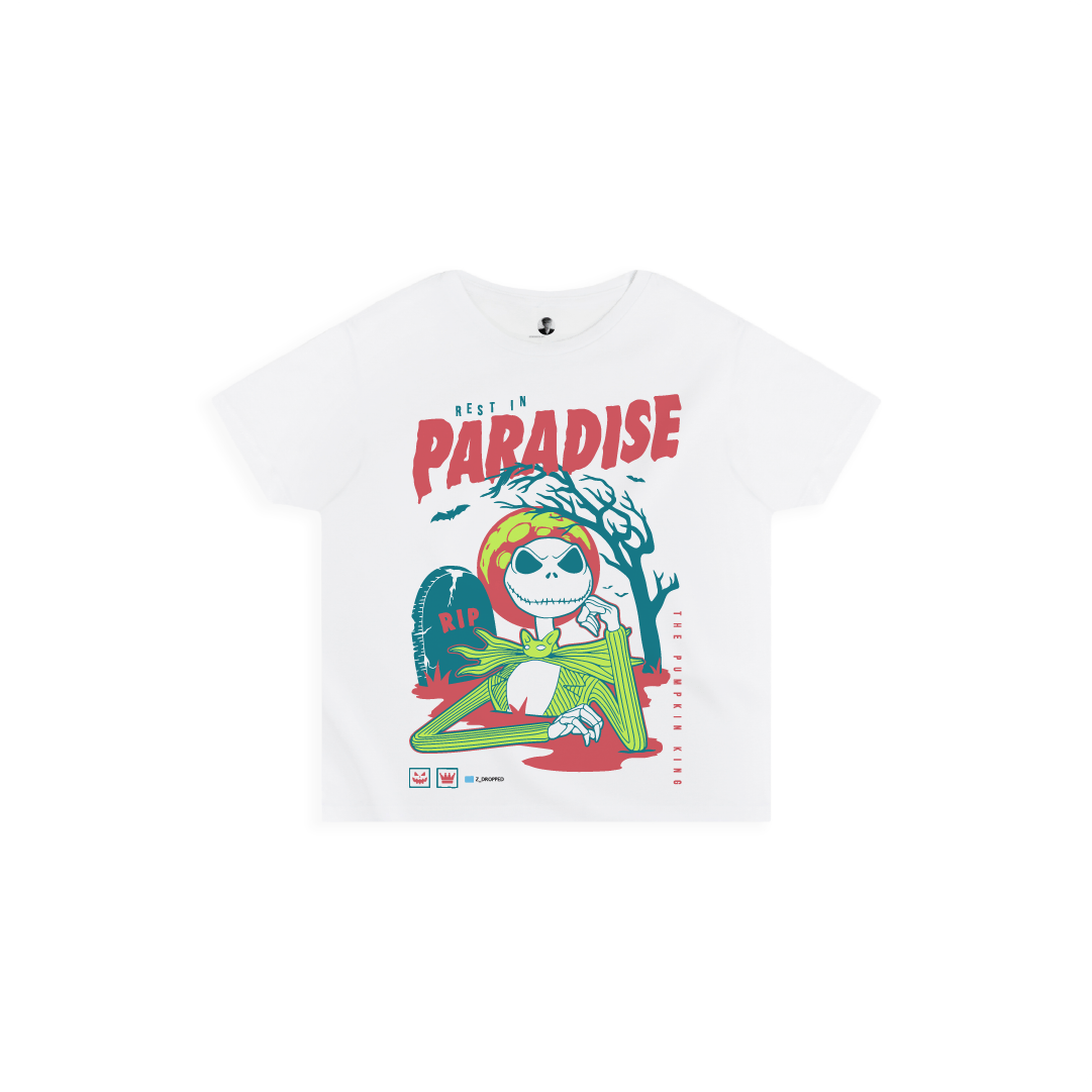 Front view of a white high waisted womens shirt with a cartoon skeleton character and 'Rest in Paradise' text on a white background