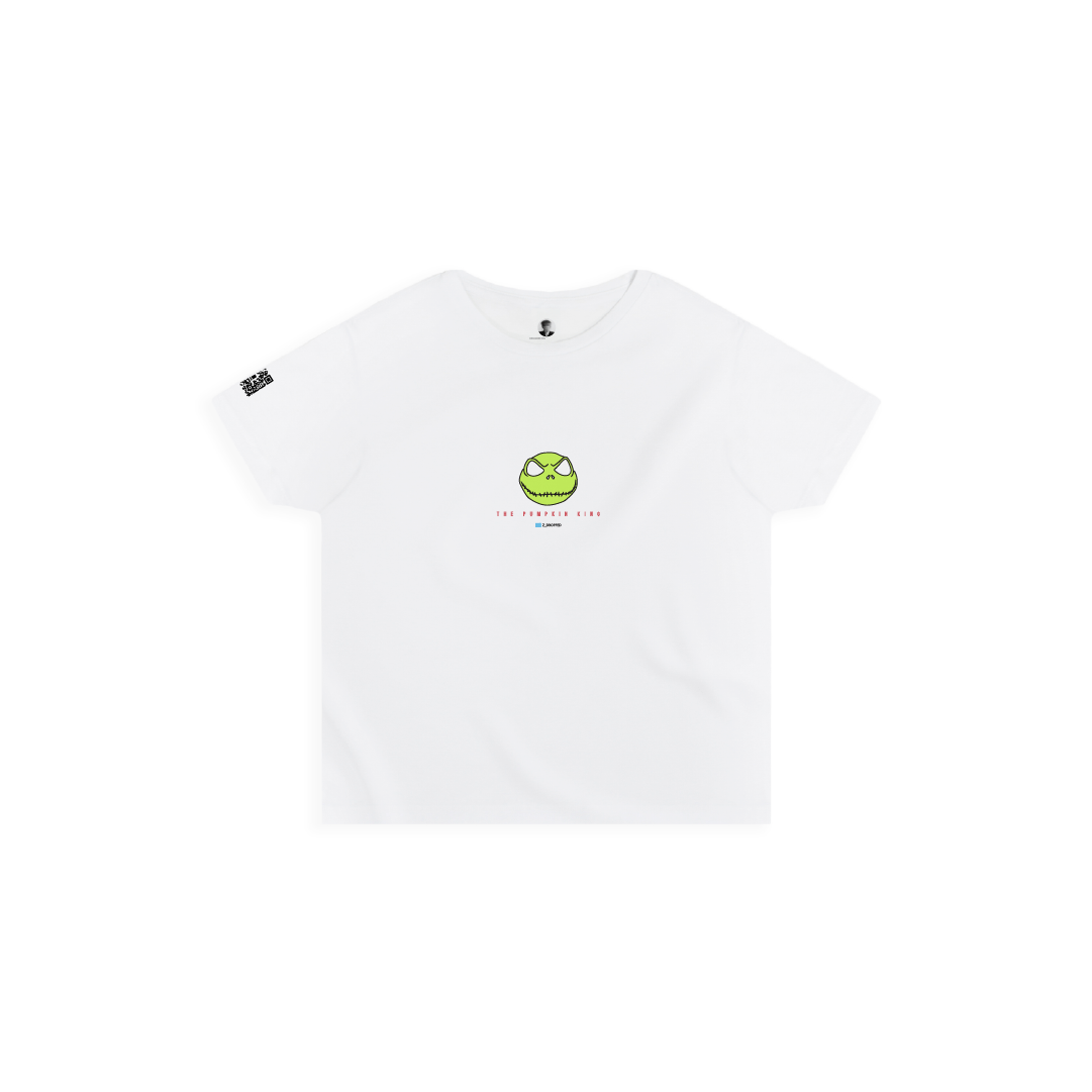 Front view of a white high waisted shirt with a cartoon skeleton character and text on a white background