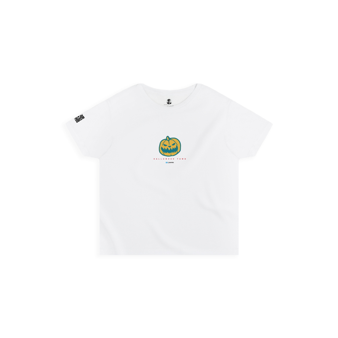 Front view of a womens high waisted white t-shirt with a pumpkin printed centered on the chest on a white background