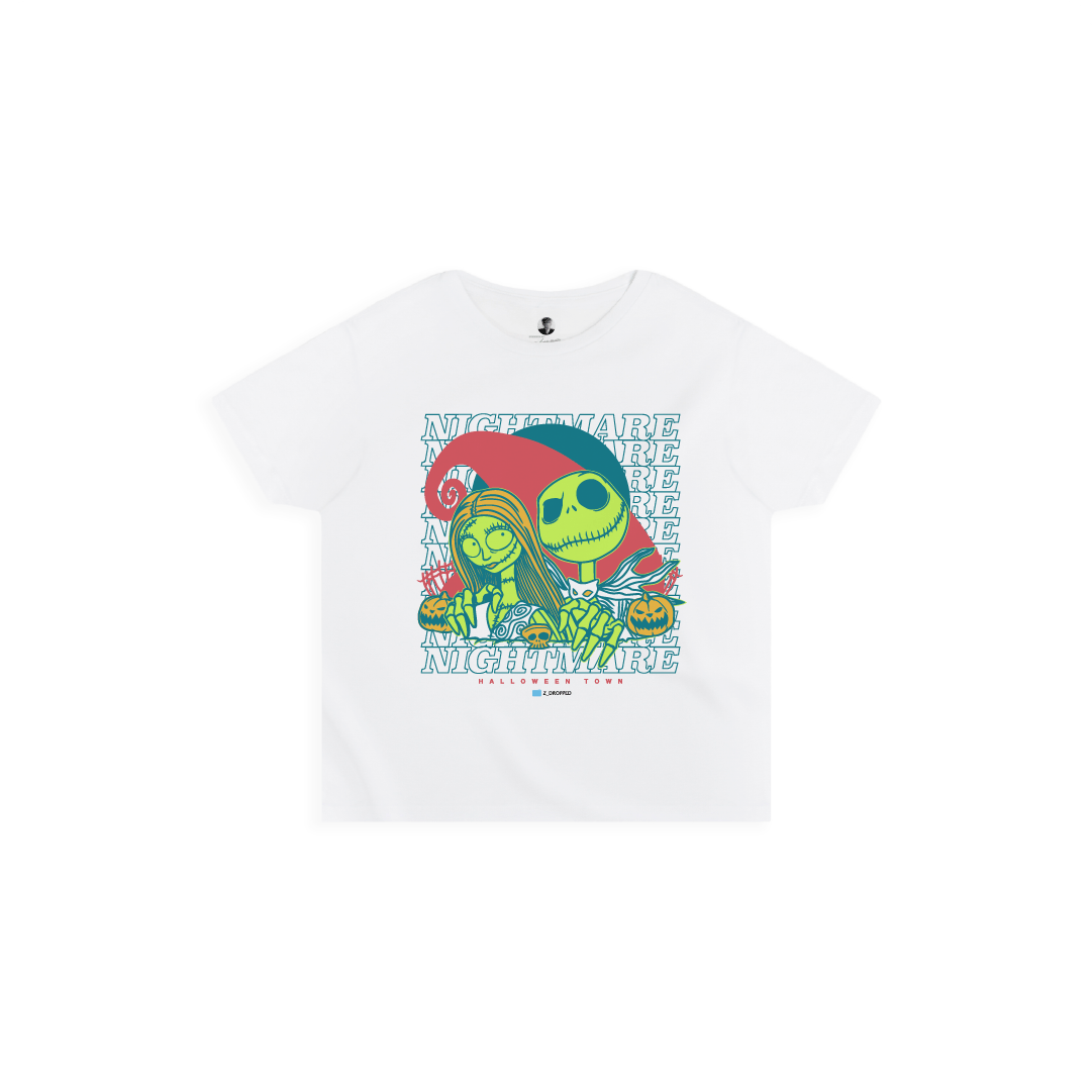 Front view of a womens high waisted white t-shirt with a colorful neon skeleton cartoon couple and 'Nightmare' text on a white background