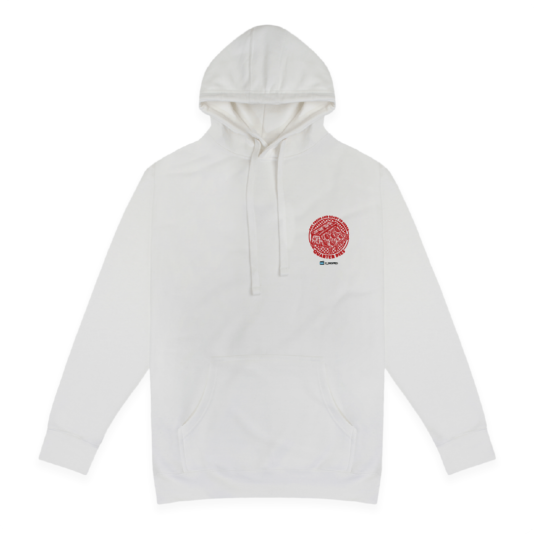 Front view of a white unisex hoodie with a red line-art pizza slice graphic and the text “Hot, Fresh and Ready to Shred – Quarter Pies” printed on the front on a white background. 