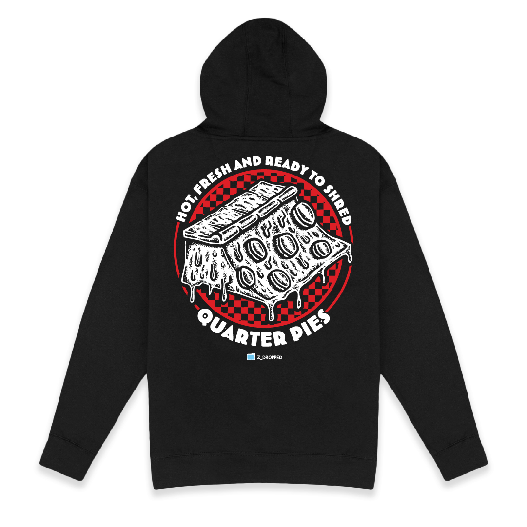 Rear view of a black unisex hoodie with a red line-art pizza slice graphic and the text “Hot, Fresh and Ready to Shred – Quarter Pies” printed on the front on a white background. 