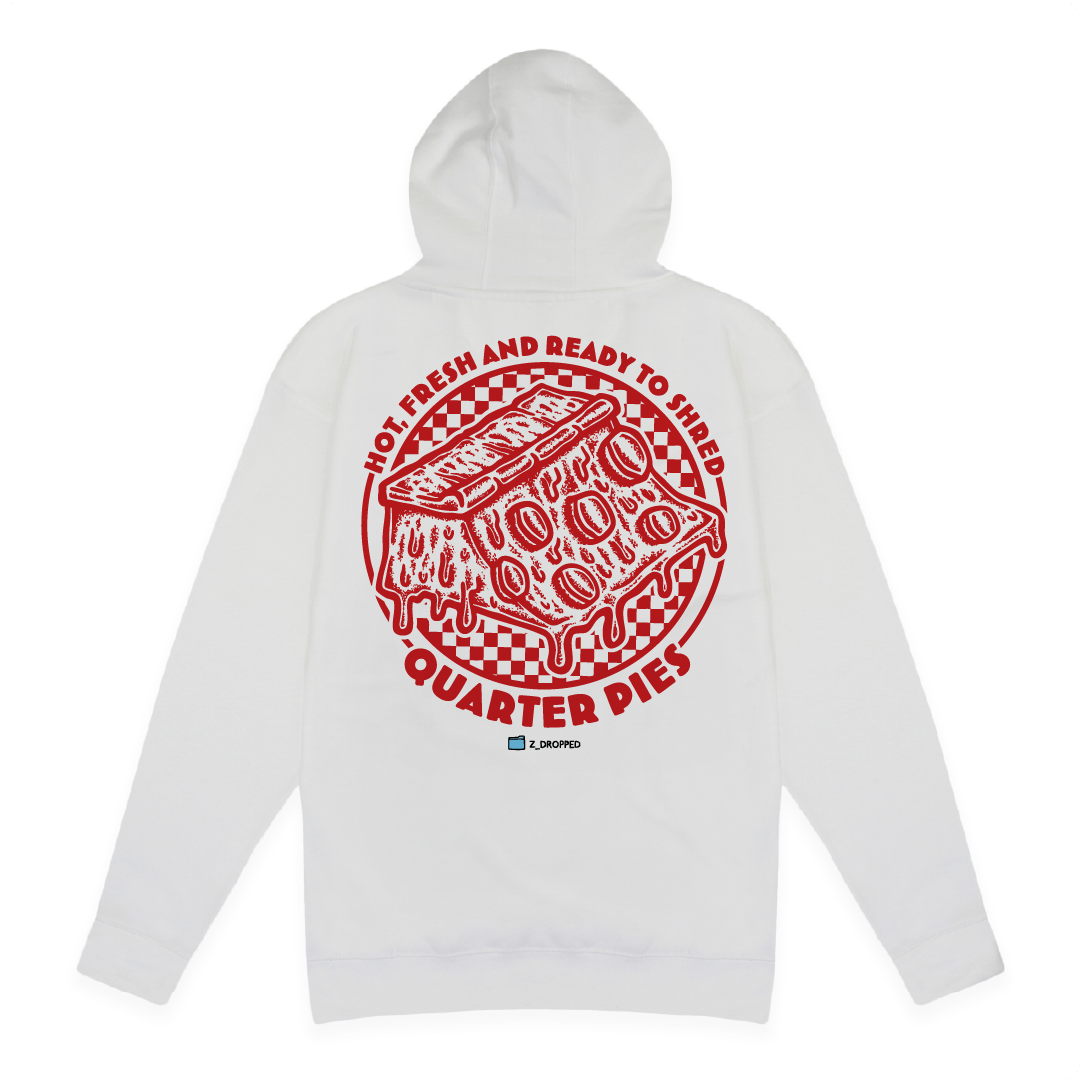 Rear view of a white unisex hoodie with a red line-art pizza slice graphic and the text “Hot, Fresh and Ready to Shred – Quarter Pies” printed on the front on a white background. 