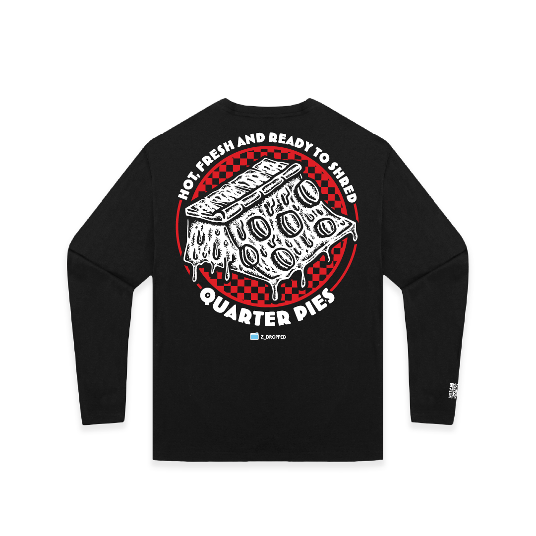 Rear view of a unisex long sleeve shirt with a red line-art pizza slice graphic and the text “Hot, Fresh and Ready to Shred – Quarter Pies” printed on the front on a white background. 