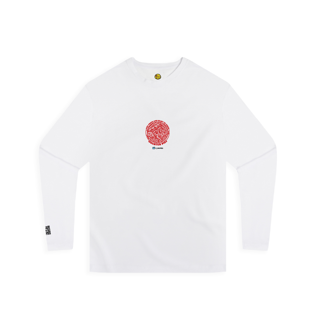 Front view of a unisex long sleeve shirt with a red line-art pizza slice graphic and the text “Hot, Fresh and Ready to Shred – Quarter Pies” printed on the front on a white background. 