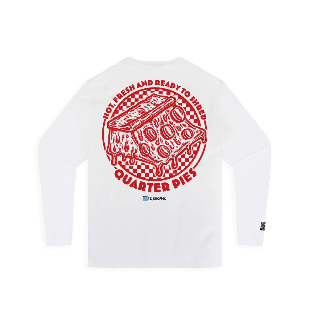 Rear view of a unisex long sleeve shirt with a red line-art pizza slice graphic and the text “Hot, Fresh and Ready to Shred – Quarter Pies” printed on the front on a white background. 