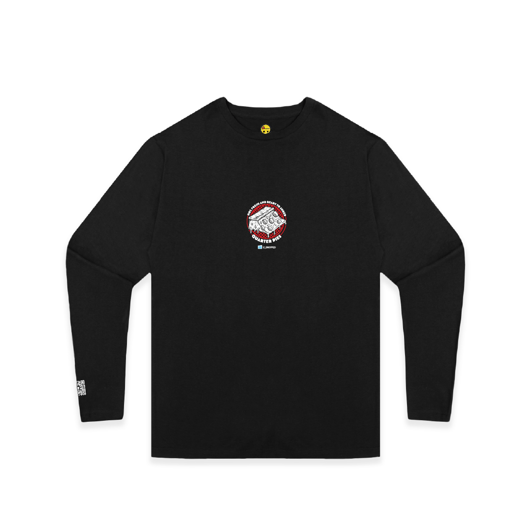 Front view of a unisex long sleeve shirt with a red line-art pizza slice graphic and the text “Hot, Fresh and Ready to Shred – Quarter Pies” printed on the front on a white background. 
