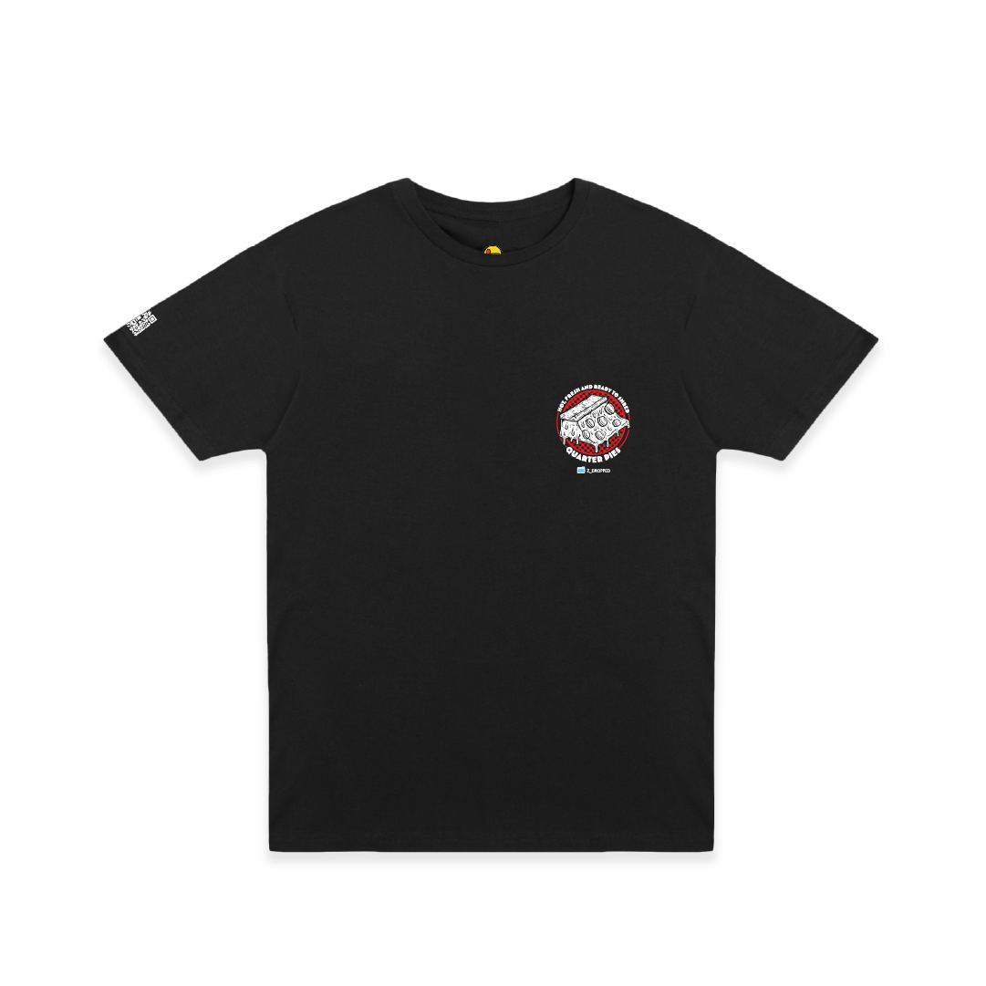 Front view of a unisex tee shirt with a red line-art pizza slice graphic and the text “Hot, Fresh and Ready to Shred – Quarter Pies” printed on the front on a white background. 