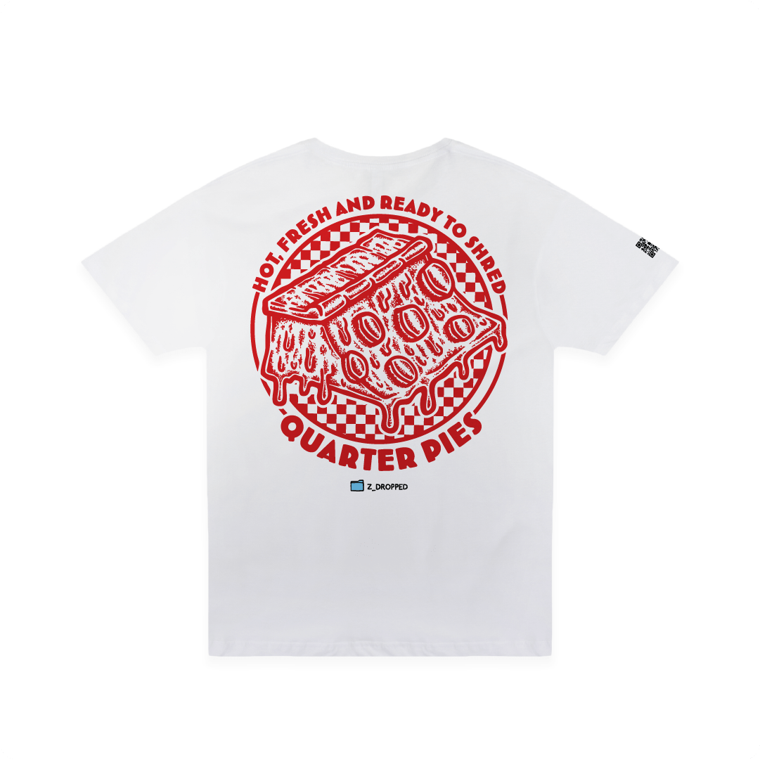 Rear view of a unisex tee shirt with a red line-art pizza slice graphic and the text “Hot, Fresh and Ready to Shred – Quarter Pies” printed on the front on a white background. 