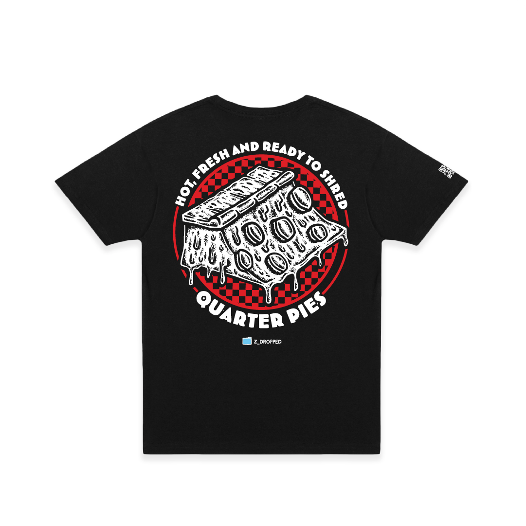 Rear view of a unisex tee shirt with a red line-art pizza slice graphic and the text “Hot, Fresh and Ready to Shred – Quarter Pies” printed on the front on a white background. 