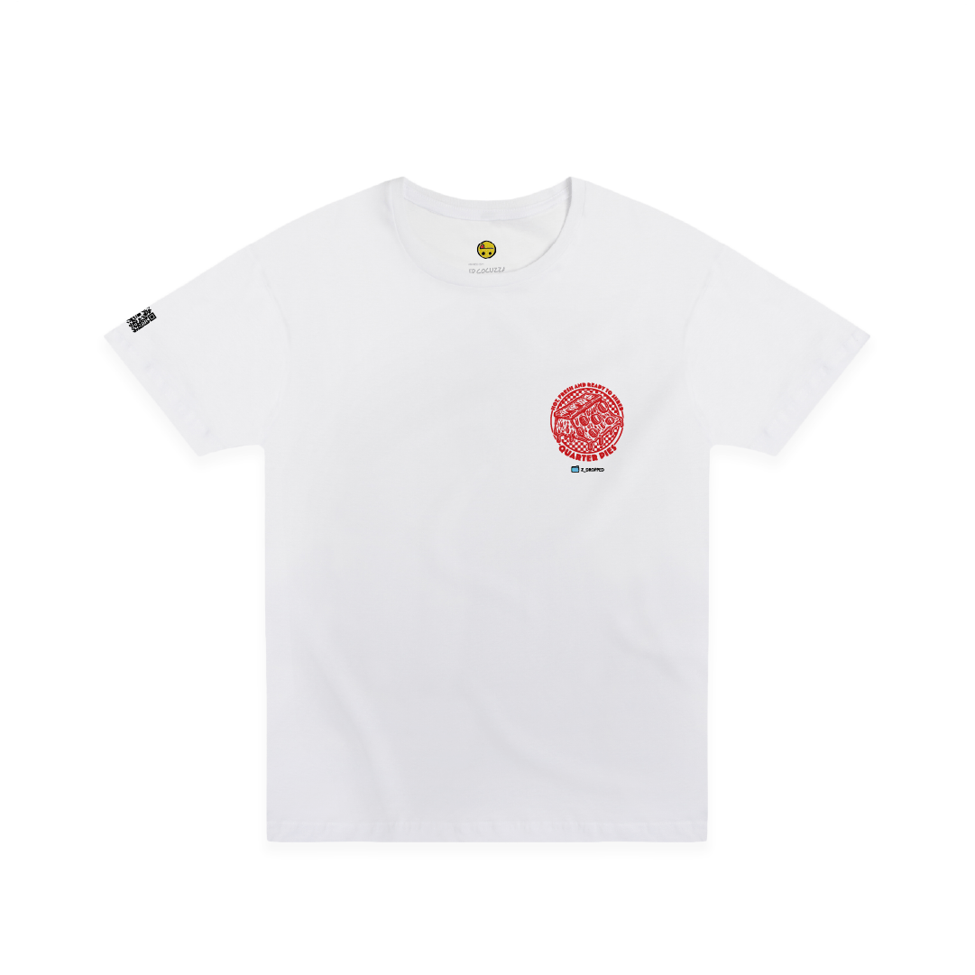 Front view of a unisex tee shirt with a red line-art pizza slice graphic and the text “Hot, Fresh and Ready to Shred – Quarter Pies” printed on the front on a white background. 