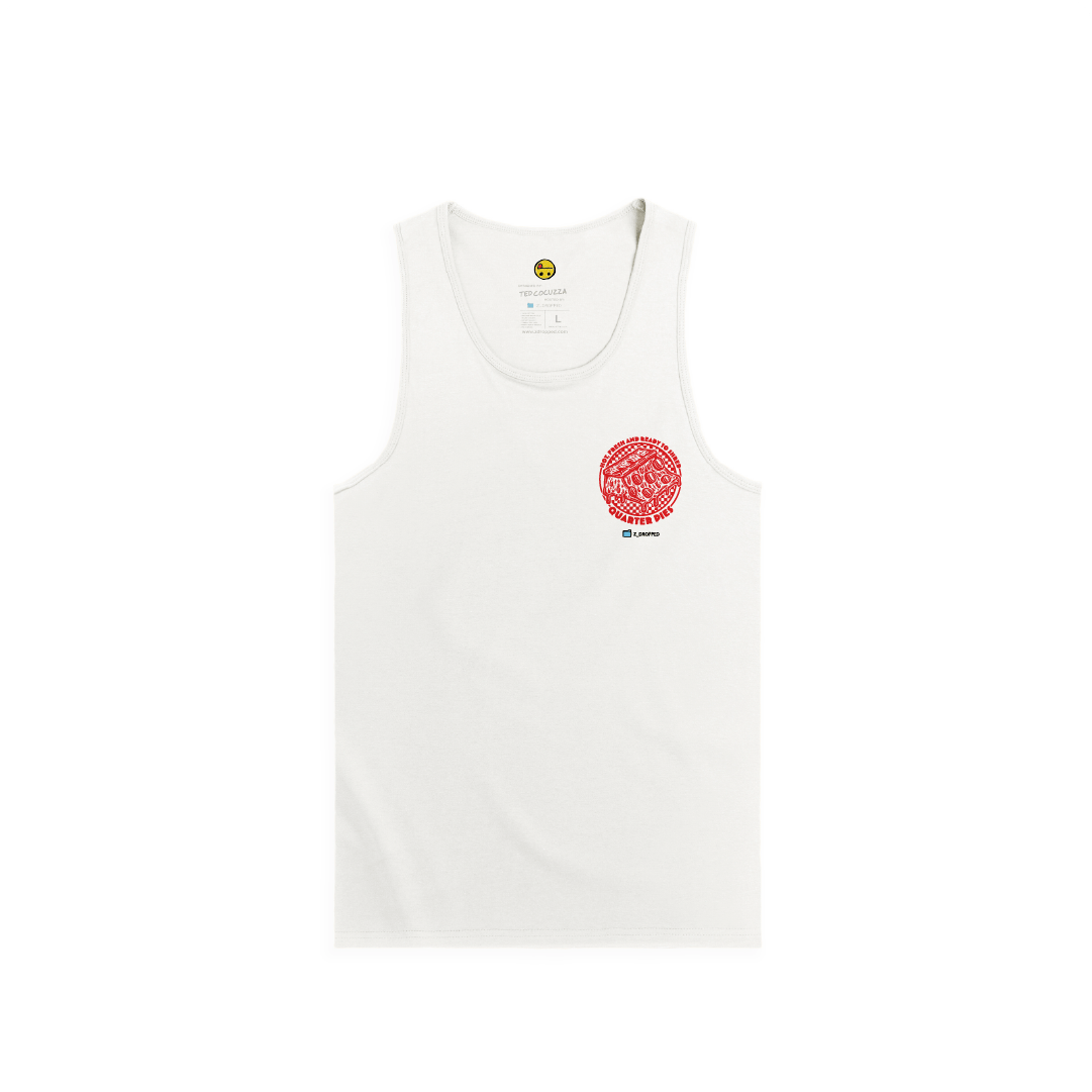 Front view of a men tank top with a red line-art pizza slice graphic and the text “Hot, Fresh and Ready to Shred – Quarter Pies” printed on the front on a white background. 