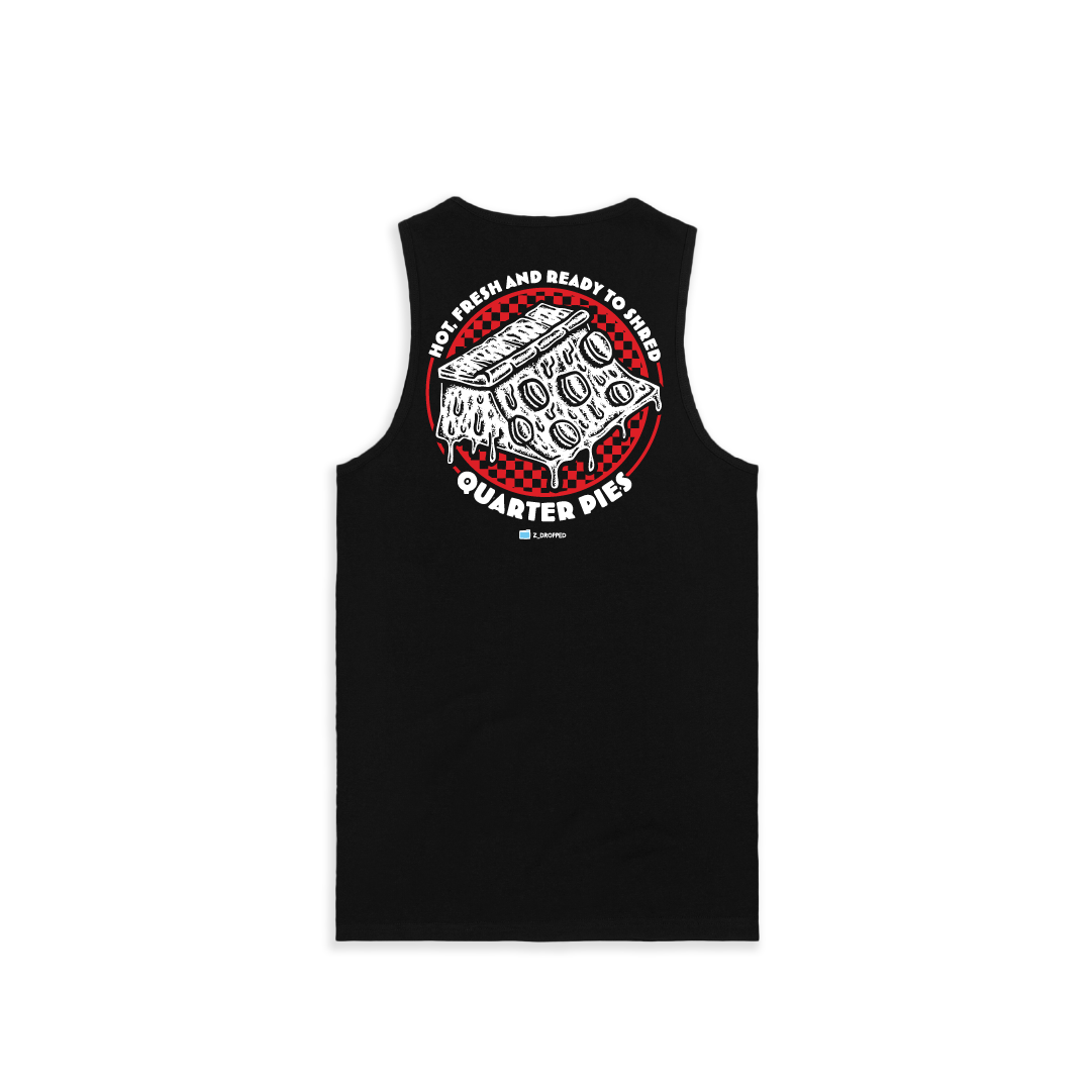 Rear view of a men tank top  with a red line-art pizza slice graphic and the text “Hot, Fresh and Ready to Shred – Quarter Pies” printed on the front on a white background. 
