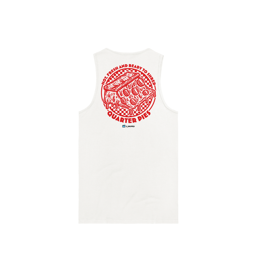 Rear view of a men tank top  with a red line-art pizza slice graphic and the text “Hot, Fresh and Ready to Shred – Quarter Pies” printed on the front on a white background. 
