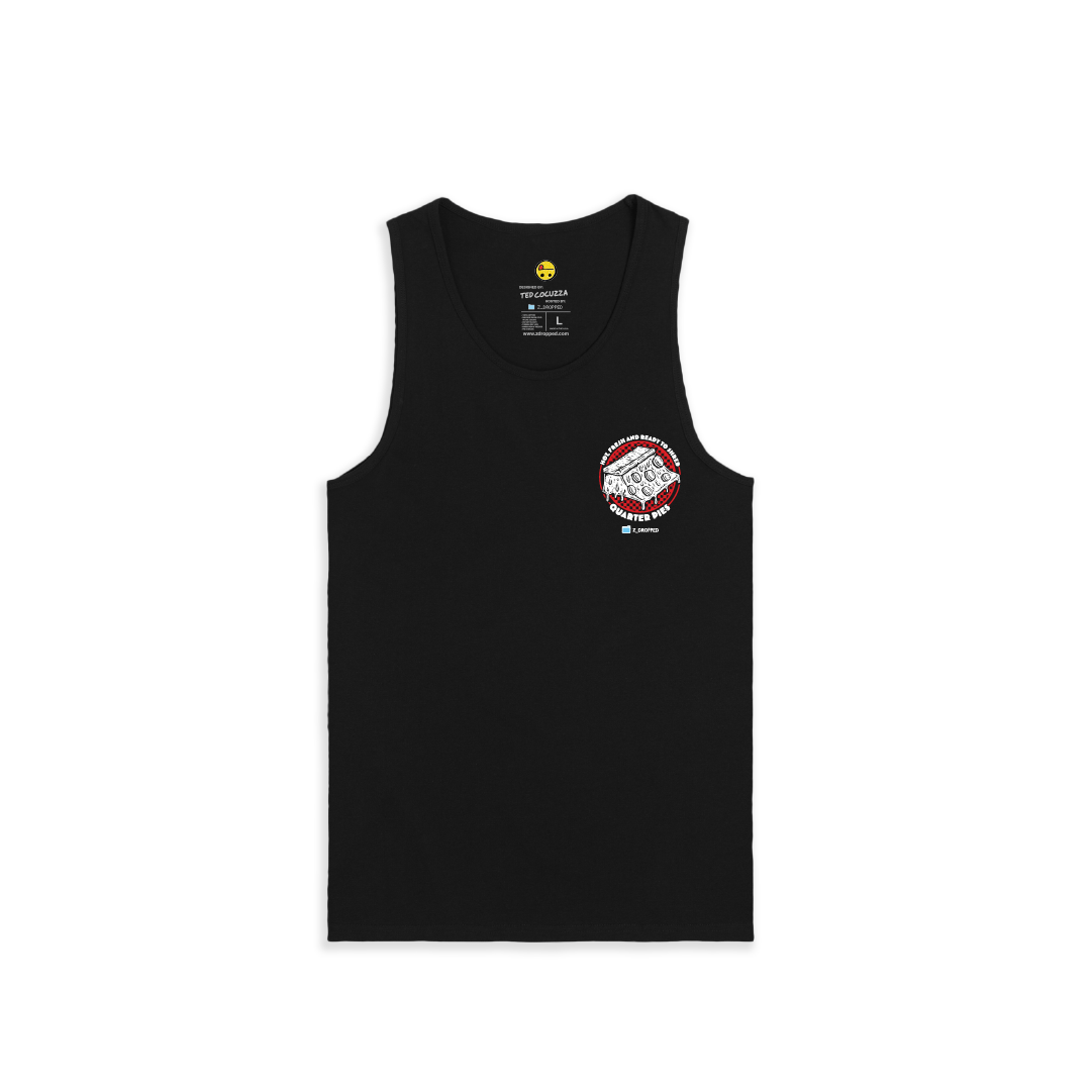 Front view of a men tank top  with a red line-art pizza slice graphic and the text “Hot, Fresh and Ready to Shred – Quarter Pies” printed on the front on a white background. 
