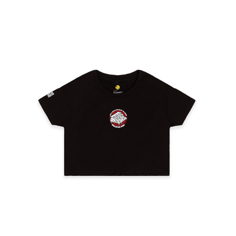 Front view of a women crop top with a red line-art pizza slice graphic and the text “Hot, Fresh and Ready to Shred – Quarter Pies” printed on the front on a white background. 