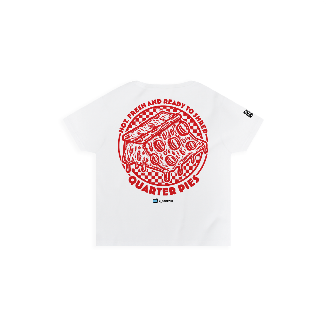 Rear view of a women high waist with a red line-art pizza slice graphic and the text “Hot, Fresh and Ready to Shred – Quarter Pies” printed on the front on a white background. 
