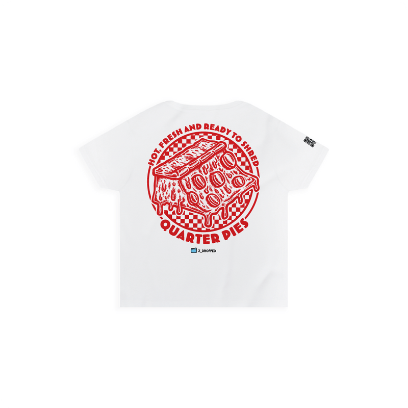 Rear view of a women high waist with a red line-art pizza slice graphic and the text “Hot, Fresh and Ready to Shred – Quarter Pies” printed on the front on a white background. 
