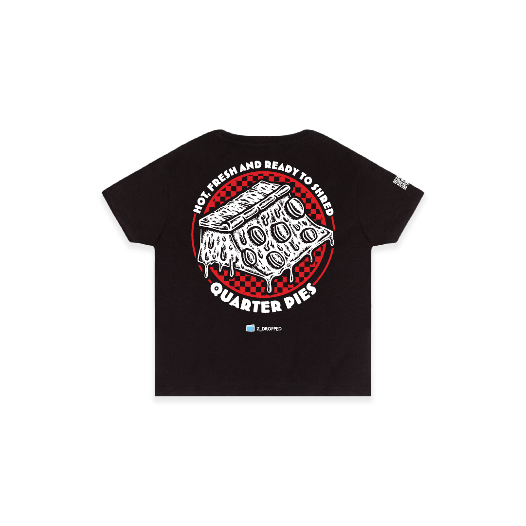 Rear view of a women high waist with a red line-art pizza slice graphic and the text “Hot, Fresh and Ready to Shred – Quarter Pies” printed on the front on a white background. 