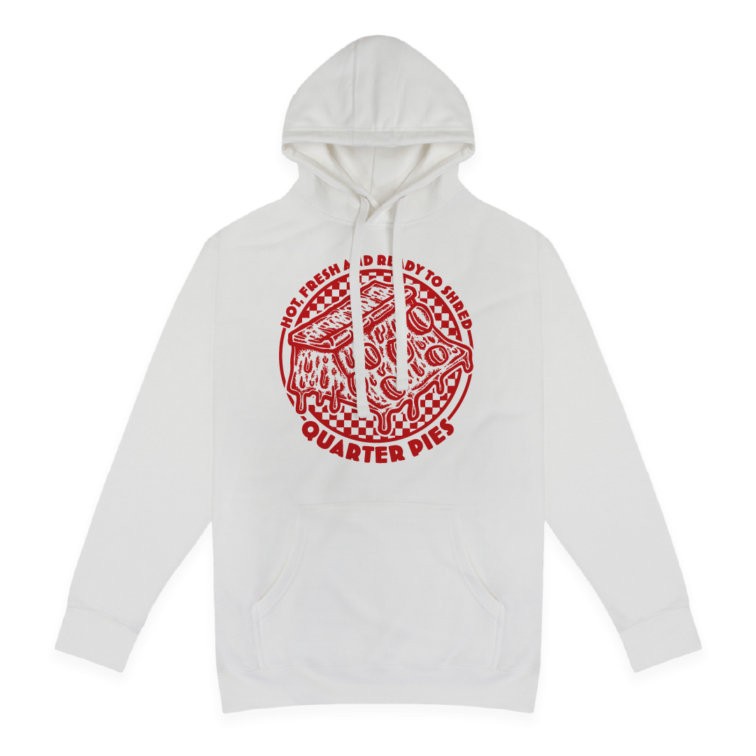 Front view of a unisex hoodie with a red line-art pizza slice graphic and the text “Hot, Fresh and Ready to Shred – Quarter Pies” printed on the front on a white background. 