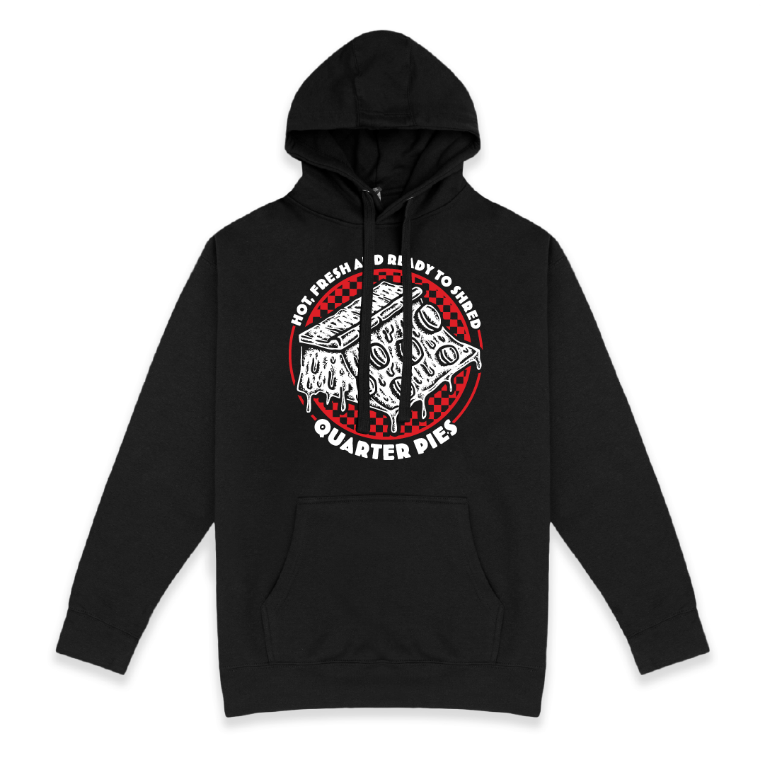 Front view of a unisex hoodie with a red line-art pizza slice graphic and the text “Hot, Fresh and Ready to Shred – Quarter Pies” printed on the front on a white background. 