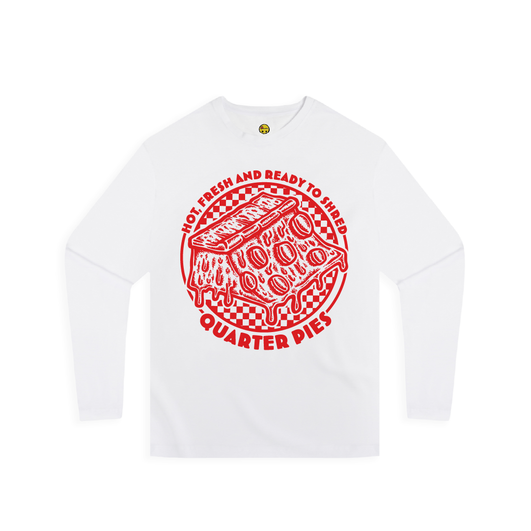 Front view of a unisex long sleeve shirt with a red line-art pizza slice graphic and the text “Hot, Fresh and Ready to Shred – Quarter Pies” printed on the front on a white background. 