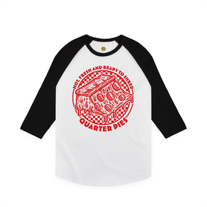 Front view of a women crop top with a red line-art pizza slice graphic and the text “Hot, Fresh and Ready to Shred – Quarter Pies” 