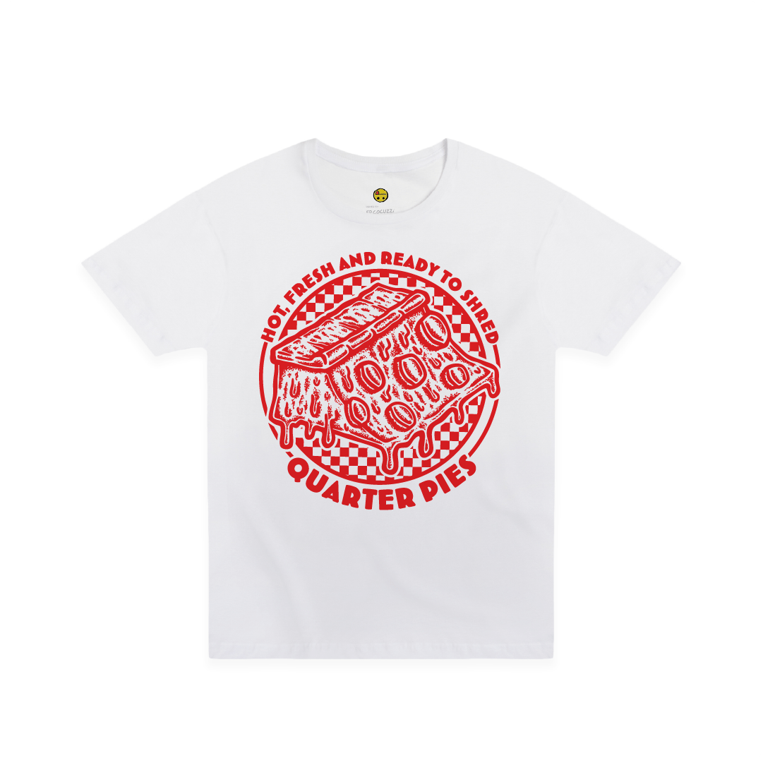 Front view of a unisex tee shirt with a red line-art pizza slice graphic and the text “Hot, Fresh and Ready to Shred – Quarter Pies” printed on the front on a white background. 