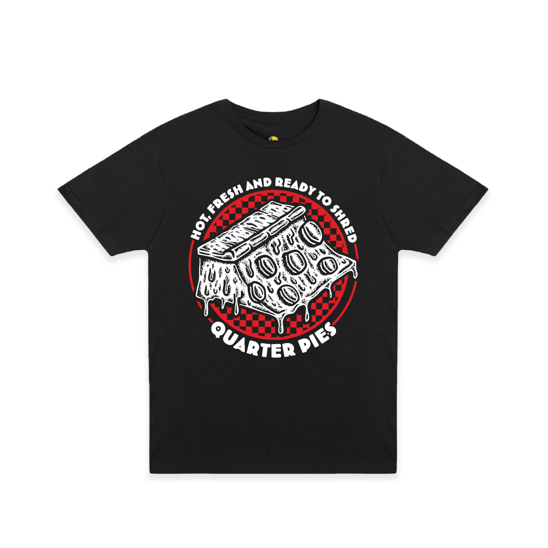 Front view of a unisex tee shirt with a red line-art pizza slice graphic and the text “Hot, Fresh and Ready to Shred – Quarter Pies” printed on the front on a white background. 
