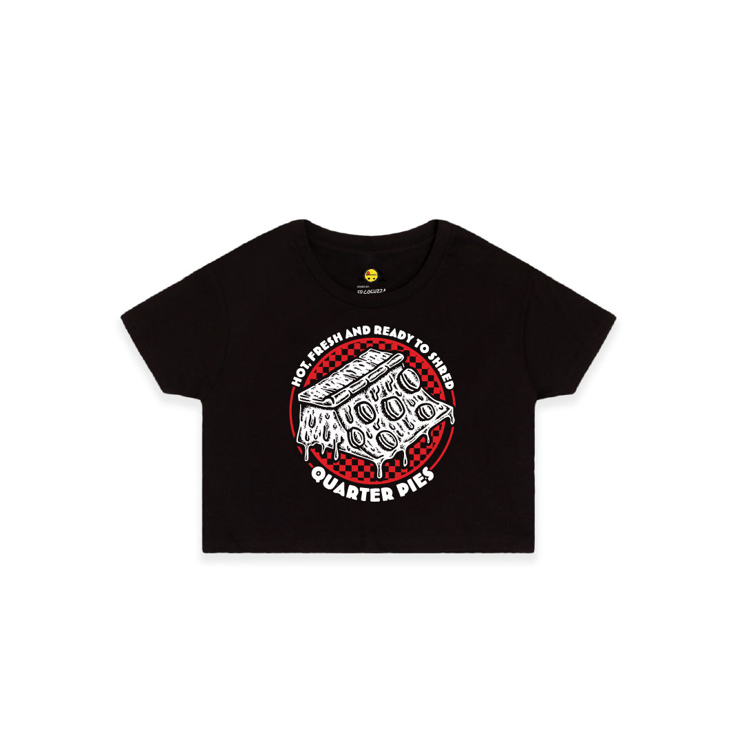 Front view of a women crop top with a red line-art pizza slice graphic and the text “Hot, Fresh and Ready to Shred – Quarter Pies” printed on the front on a white background. 
