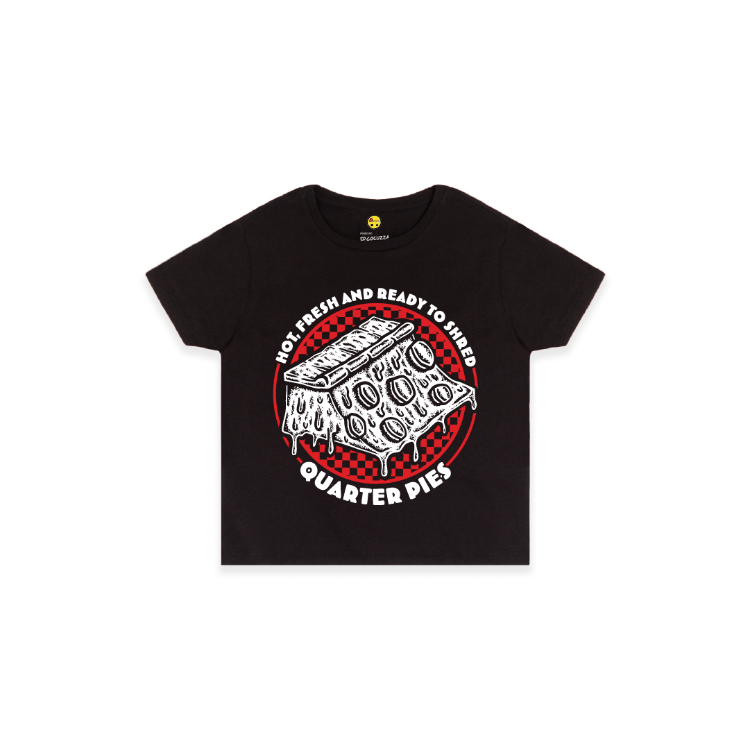 Front view of a women high waist with a red line-art pizza slice graphic and the text “Hot, Fresh and Ready to Shred – Quarter Pies” printed on the front on a white background. 