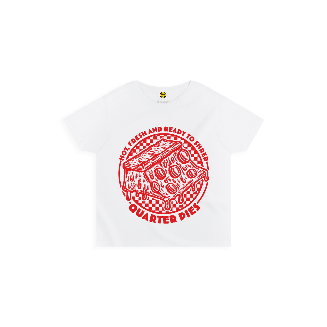 Front view of a women high waist with a red line-art pizza slice graphic and the text “Hot, Fresh and Ready to Shred – Quarter Pies” printed on the front on a white background. 
