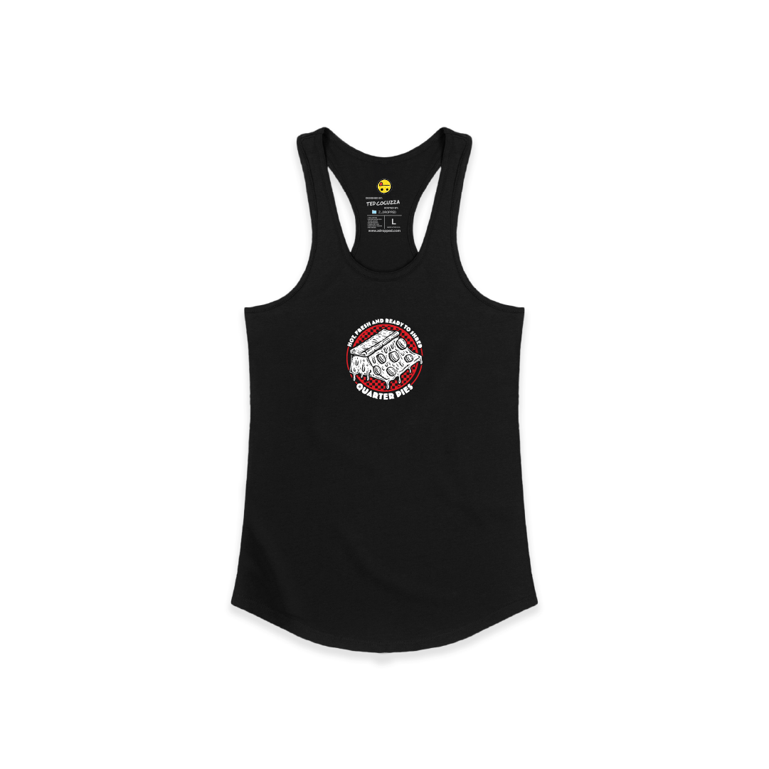 Front view of a women racerback with a red line-art pizza slice graphic and the text “Hot, Fresh and Ready to Shred – Quarter Pies” printed on the front on a white background. 