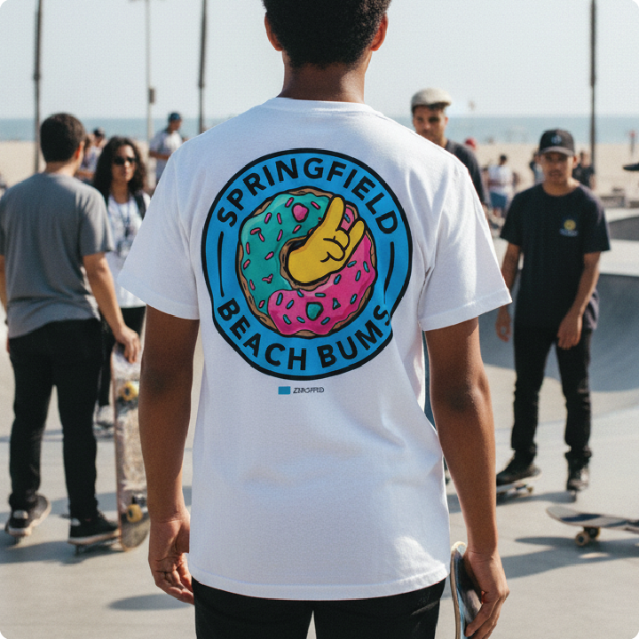 rear view of a man at a beach skatepark holding a skateboard in a white springfield beach bum t-shirt.