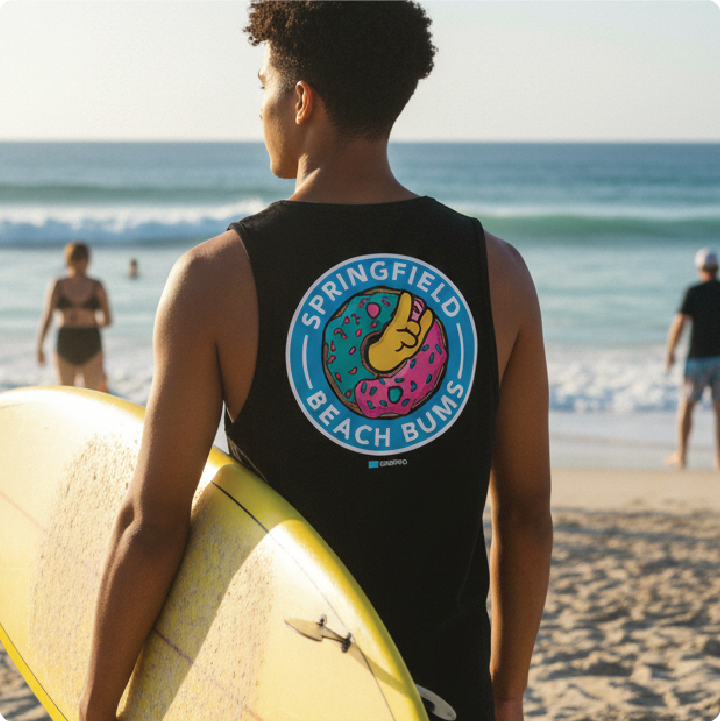 surfer wearing a black 'Springfield Beach Bums' tank top at the beach.