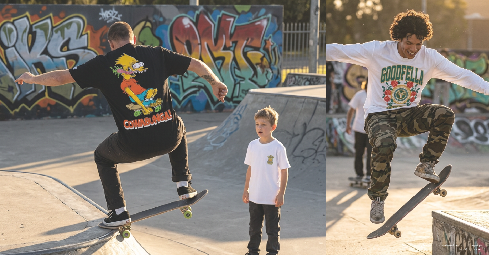 Web header of 2 people and son skateboarding in zdroppeds best selling products, Bart Roth and Goodfella tees