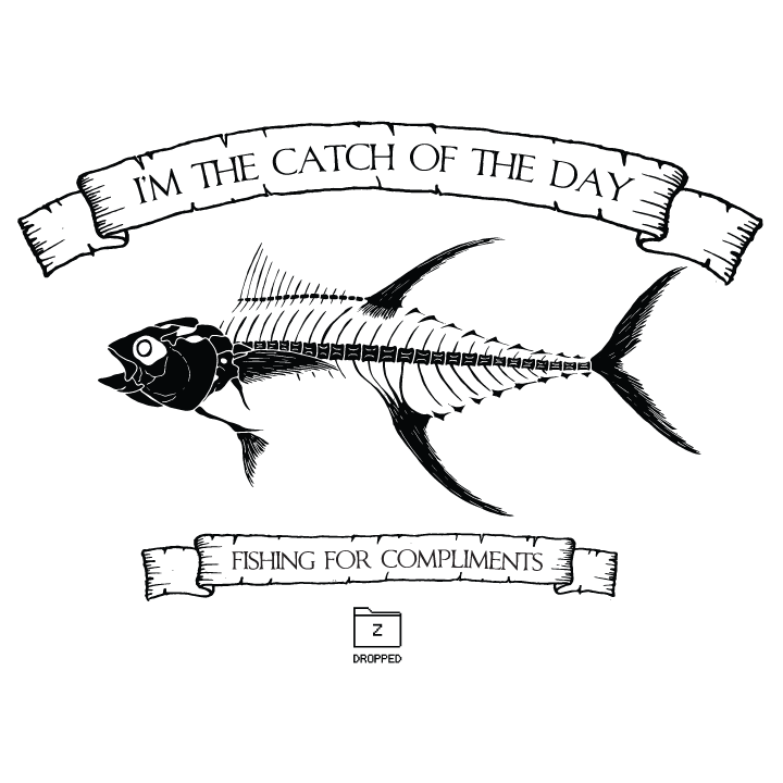Black and white illustration of a fish skeleton with text on a white background
