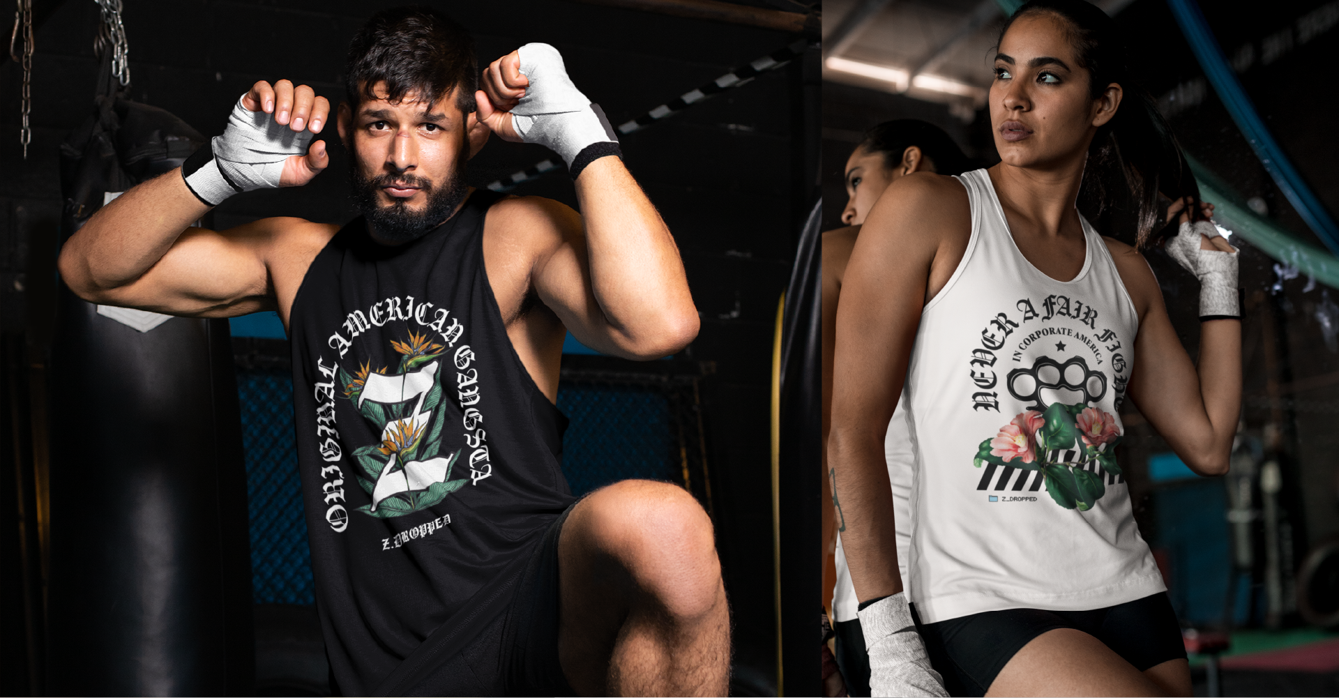 Chi Hom intro image of a man and woman at a gym wearing MMA inspired clothing