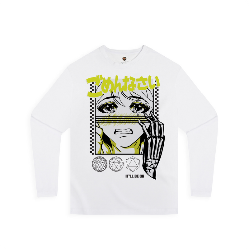 Front view of a unisex white long sleeve shirt with anime-style graphic and gomenasai kanji text in safety yellow.